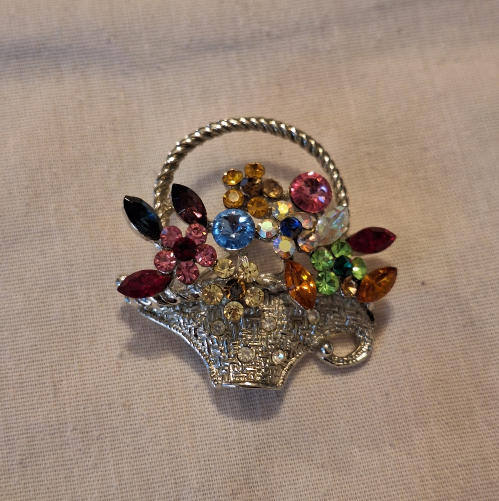 Silver Flower Basket Brooch with colorful crystals